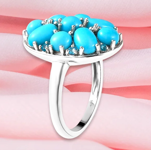 NWT AMERICAN SLEEPING BEAUTY TURQUOISE & NEON APATITE PLATINUM PLATED .925 RING